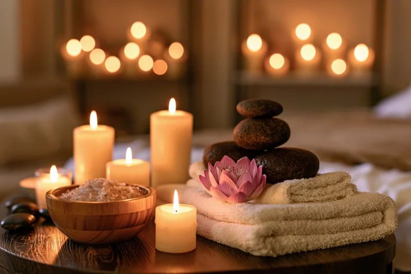 Spa setup with lit candles, stacked stones, and folded towel on wooden table near massage bed