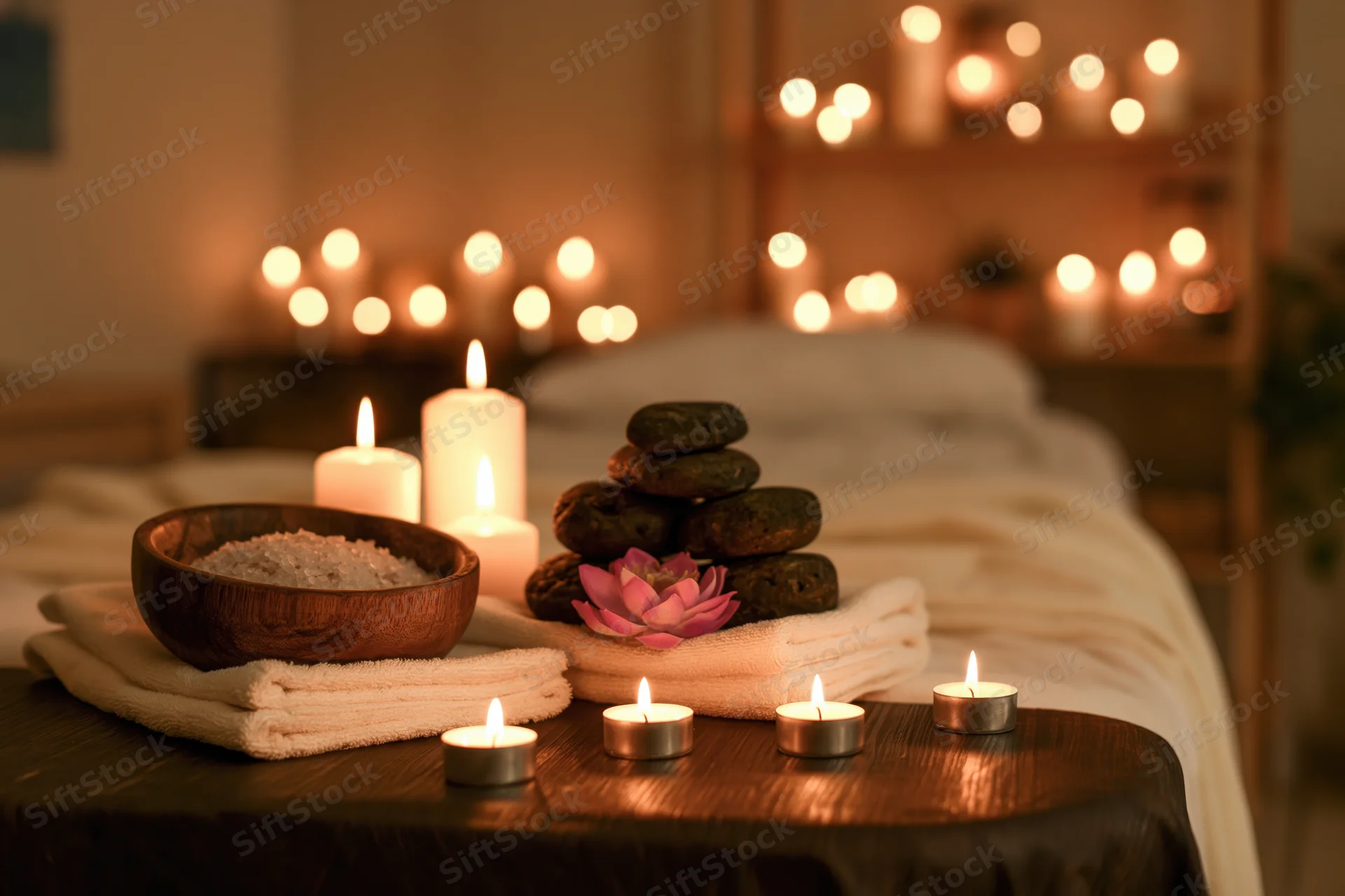 Massage table set with lit candles, wooden bowl of sea salt, stacked stones and lotus flower on folded towels in a softly lit spa room
