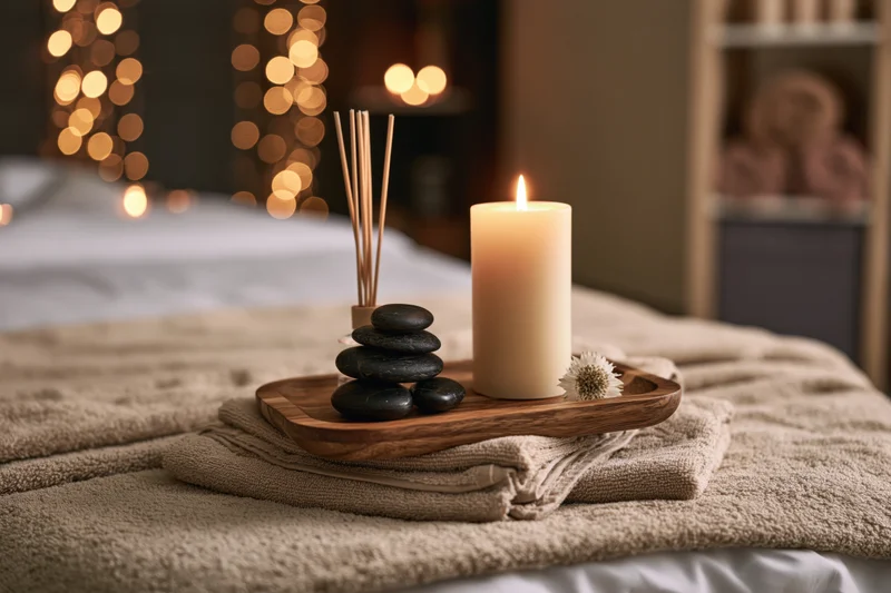 Lit candle and stacked stones on wooden tray resting on folded towel on massage table with blurred lights in background