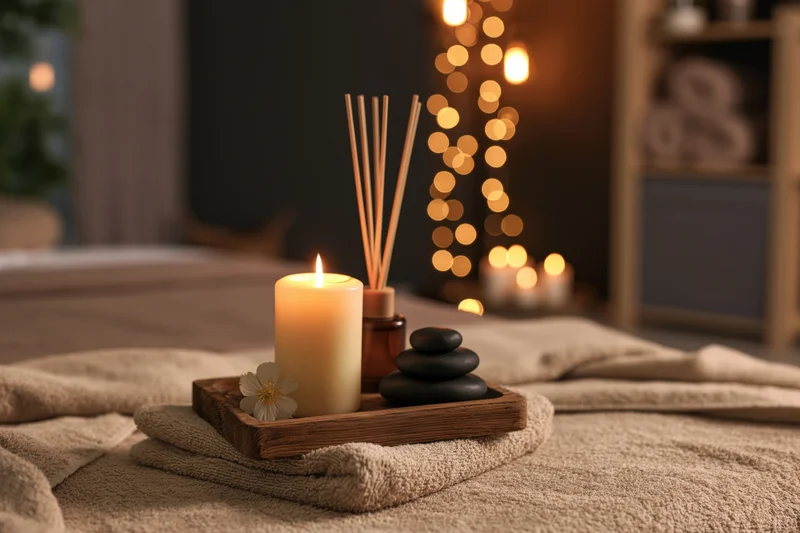 Lit candle and reed diffuser on wooden tray with stones and flower on towel on massage table in dimly lit spa room