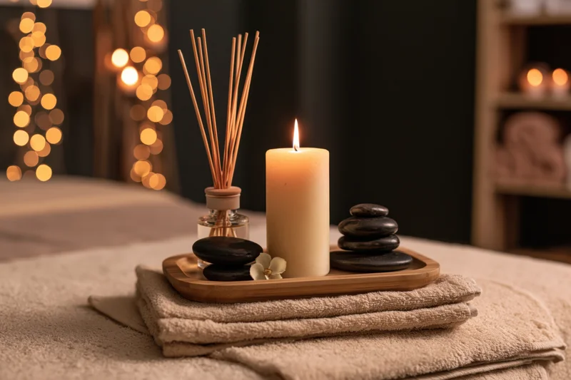 Lit candle and reed diffuser on wooden tray with stacked stones on massage table in spa setting