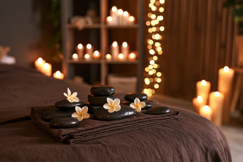 Black basalt stones and white frangipani flowers arranged on a folded towel on a massage table in a dimly lit spa room with candles and string lights in the background