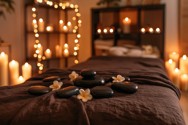 Massage table with black basalt stones and white flowers under warm candlelight in a spa room