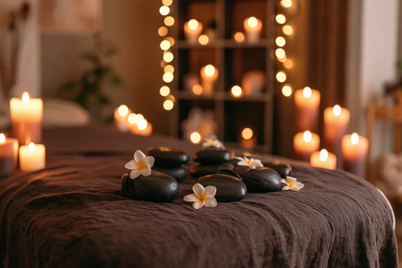 Massage table with basalt stones and frangipani flowers surrounded by candles in a dimly lit spa room