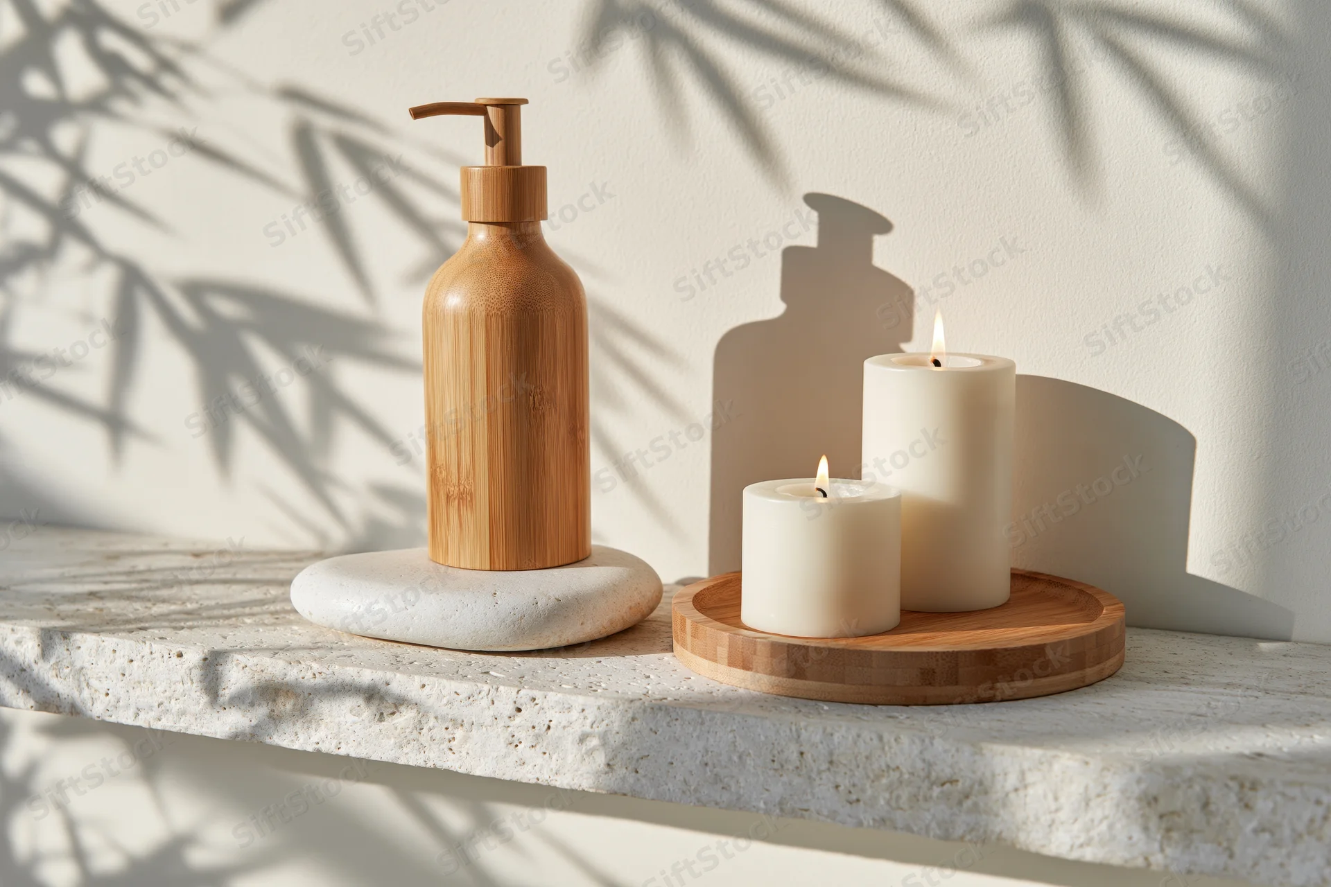 Bamboo soap dispenser and lit candles on a white stone shelf with leaf shadows