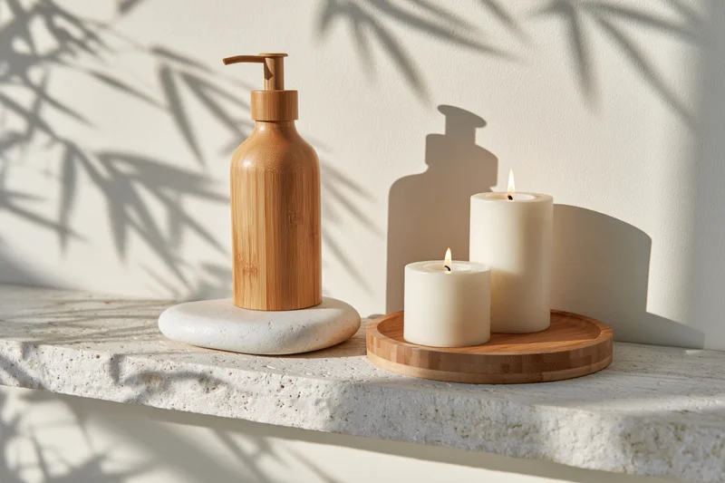 Bamboo soap dispenser and lit candles on a white stone shelf with leaf shadows