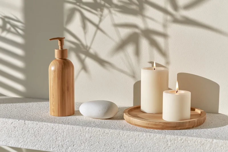 Bamboo dispenser and lit candles on a white stone shelf with plant shadows