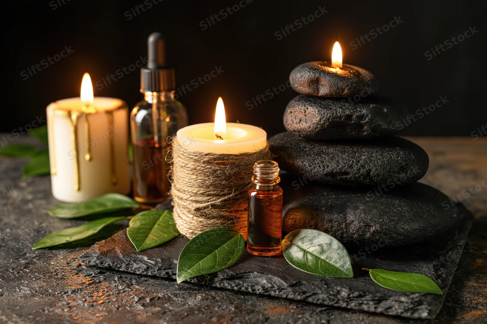 Lit candles and essential oil bottles arranged with stacked black stones and green leaves on dark slate surface