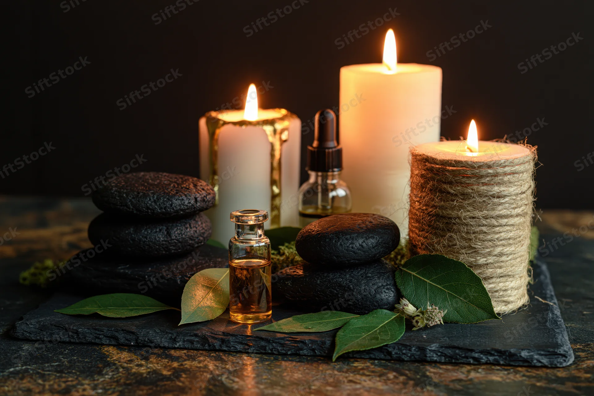Spa still life with lit candles, essential oil bottles, and stacked stones on dark slate surface