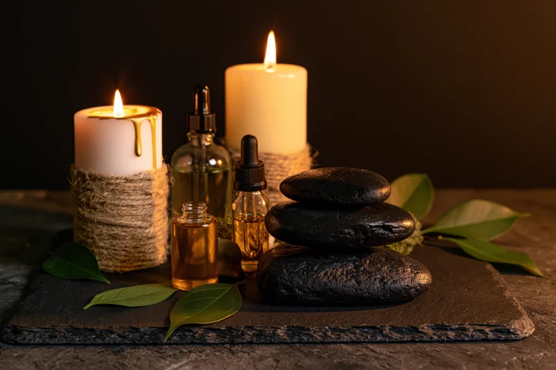 Lit candles and essential oil bottles with stacked stones and green leaves on dark slate surface