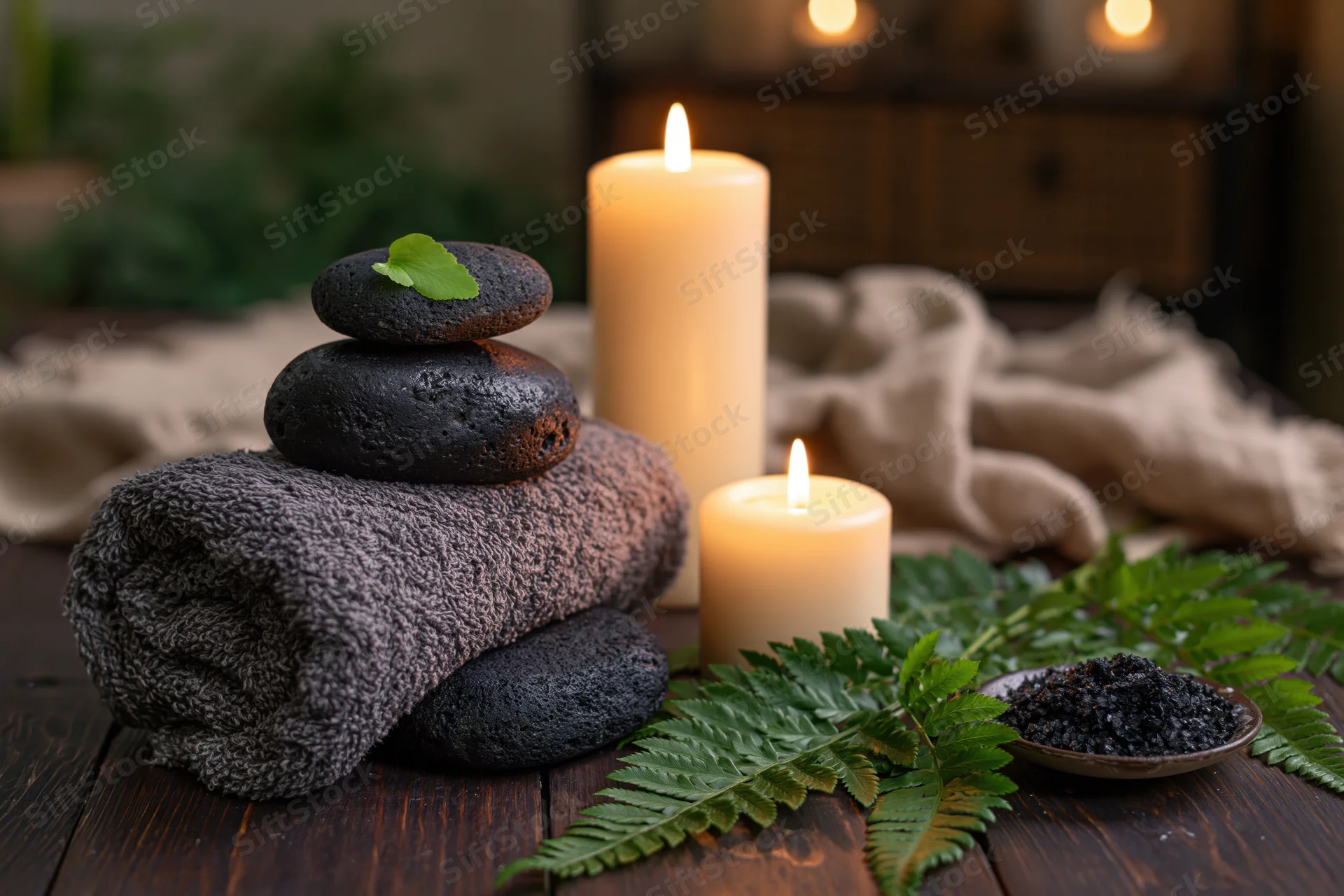 Stacked stones and candles on a dark wooden table with a towel and fern, arranged for spa relaxation