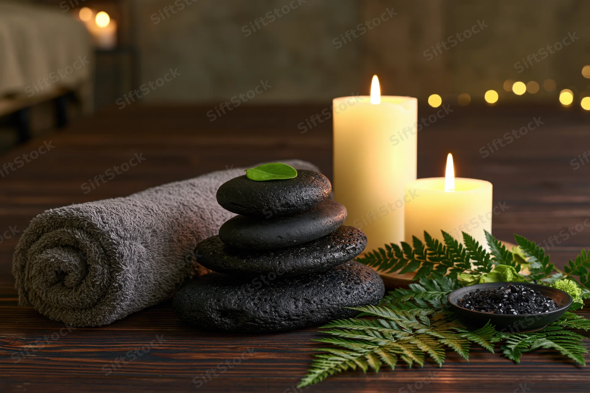 Stacked black stones with candles, towel and fern on dark wooden surface in spa setting