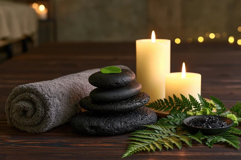 Stacked black stones with candles, towel and fern on dark wooden surface in spa setting