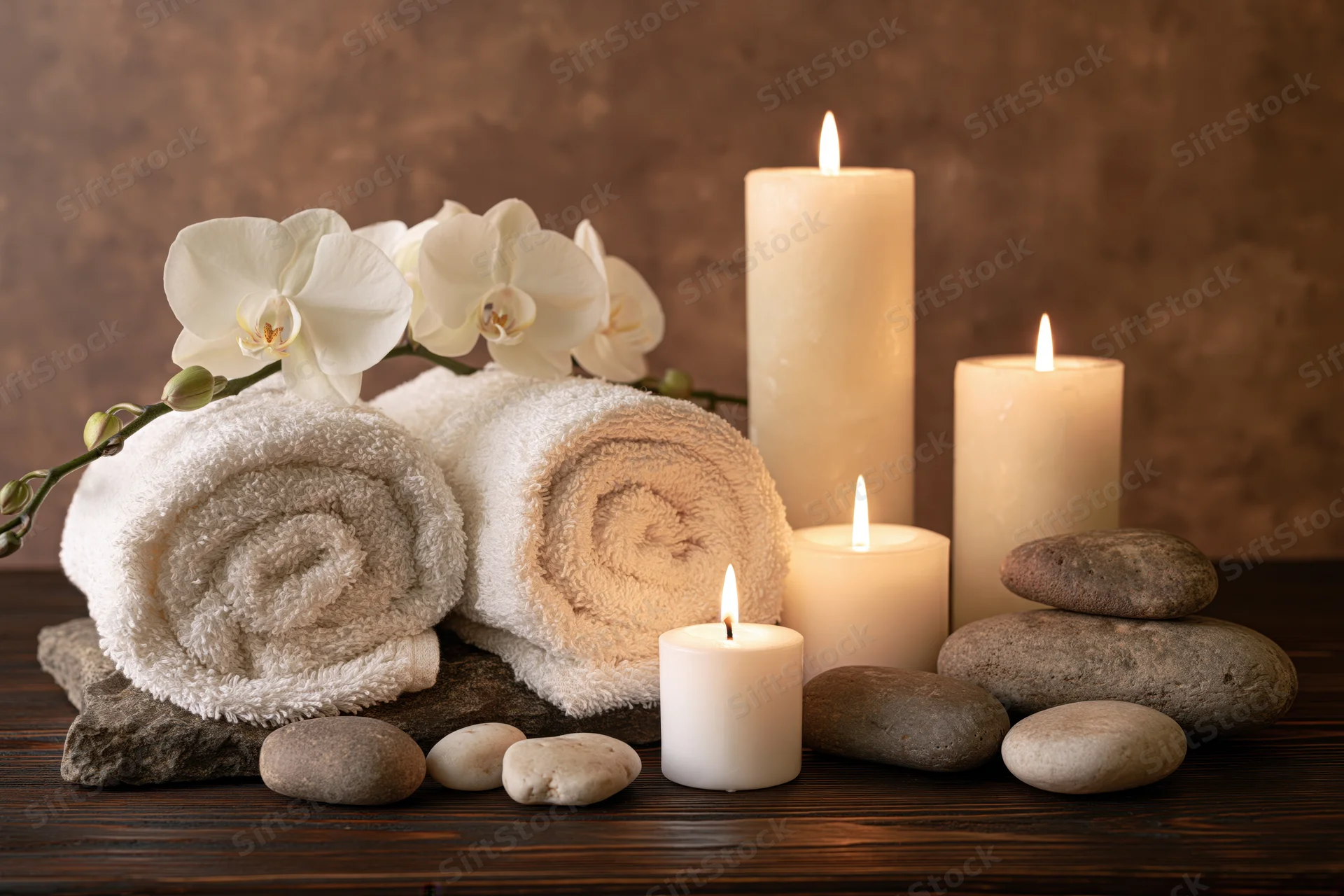 Rolled white towels and lit candles arranged with orchid flowers and smooth stones on dark wooden surface