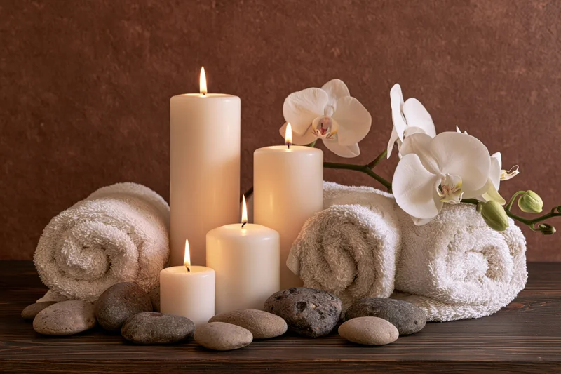 Spa still life with lit candles, rolled towels, orchid flowers and smooth stones on dark wooden surface
