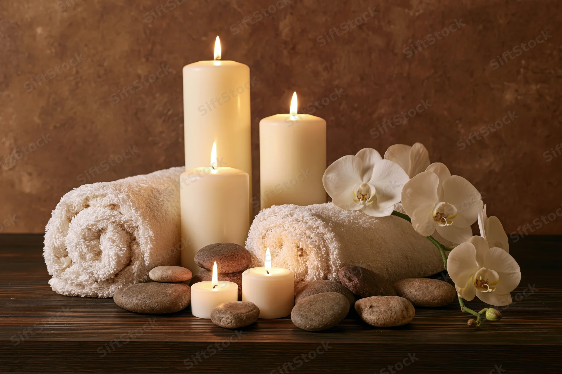 Still life arrangement of lit candles, rolled towels, smooth stones and white orchids on dark wooden surface for spa ambiance