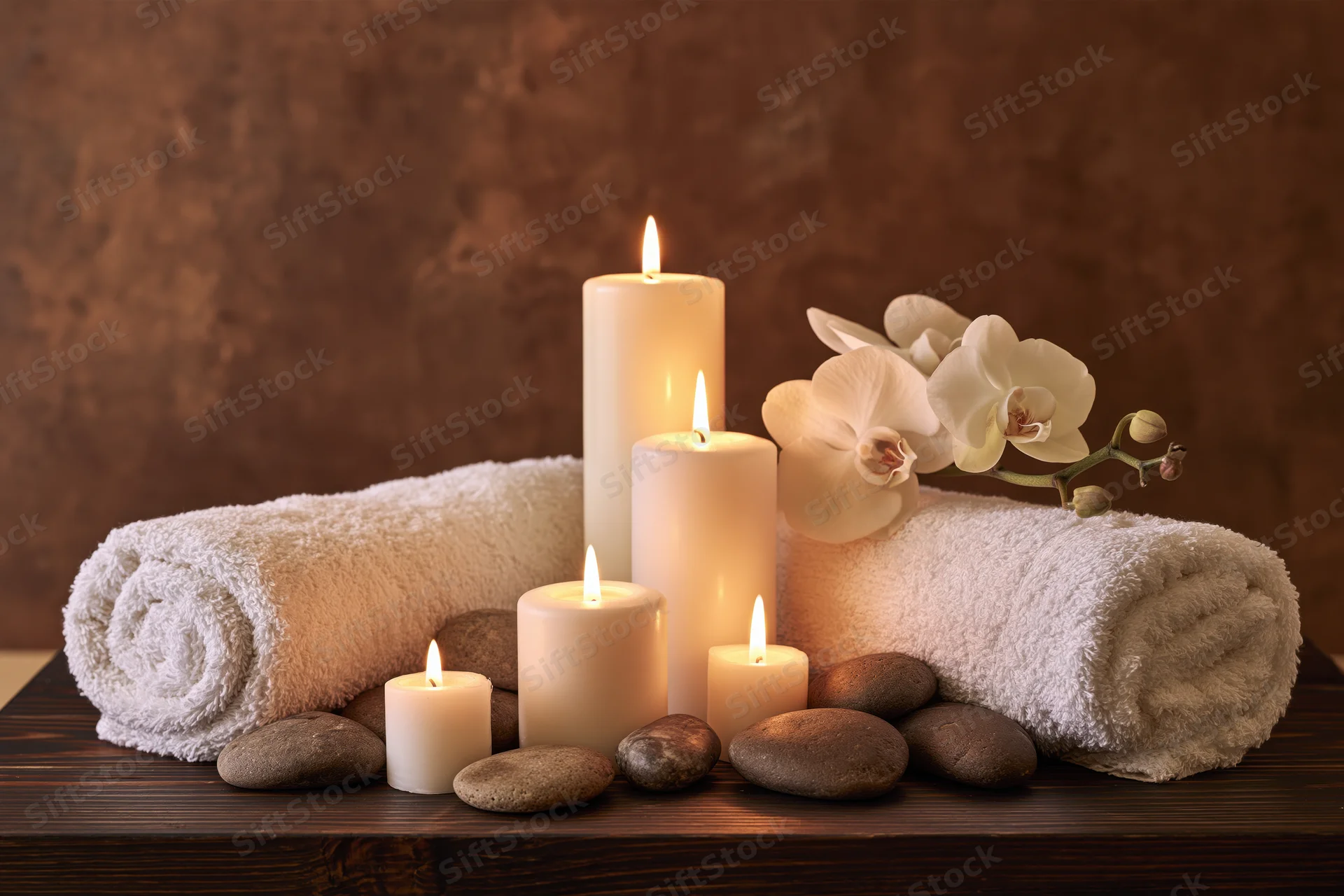 Rolled white towels and lit candles with orchid and stones on dark wooden surface