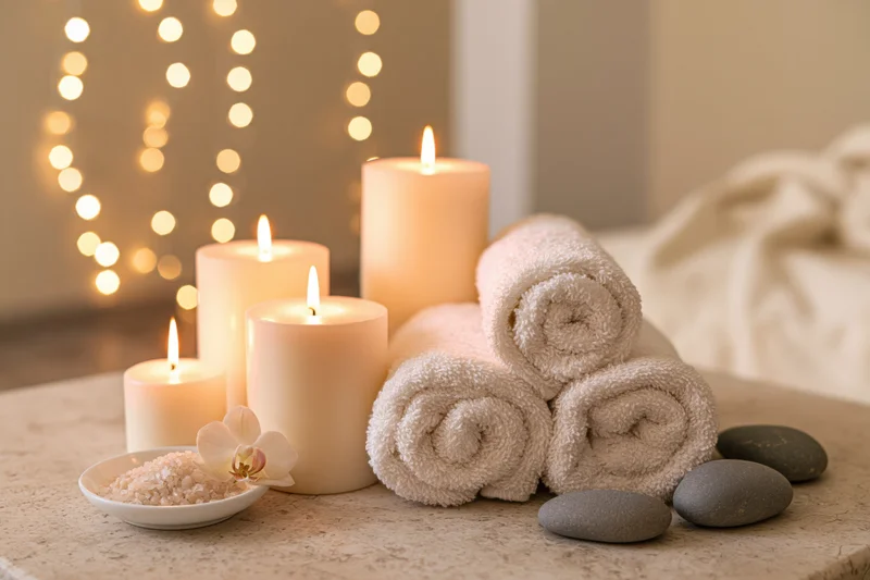 Lit candles and rolled towels with stones and salt on a stone table with bokeh lights in the background