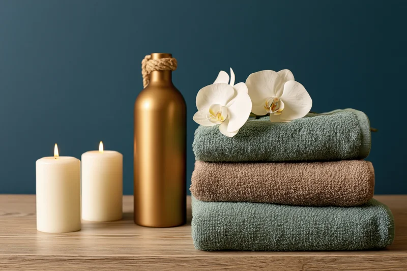 Stack of towels with white orchid and lit candles on wooden table beside gold bottle