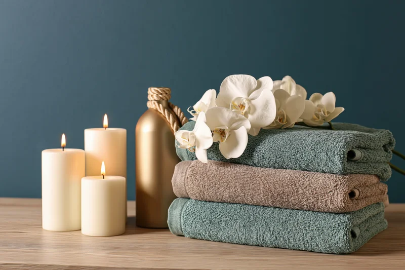 Spa still life with lit candles, folded towels, white orchid and gold bottle on wooden table