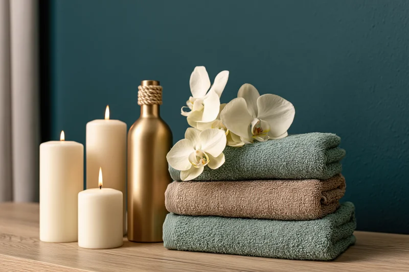 Folded towels with white orchid and lit candles on wooden table beside gold bottle
