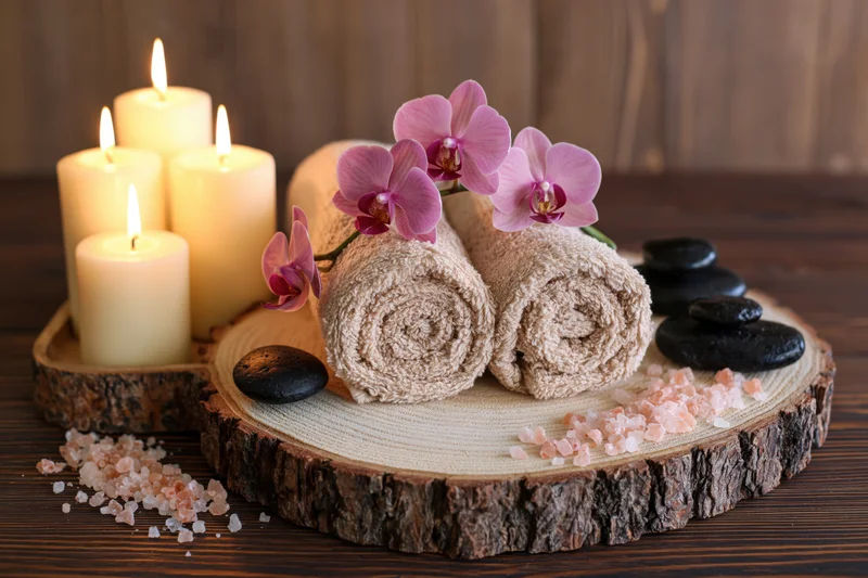 Spa still life with candles, towels, orchid, salt and stones on a rustic wooden slice tray