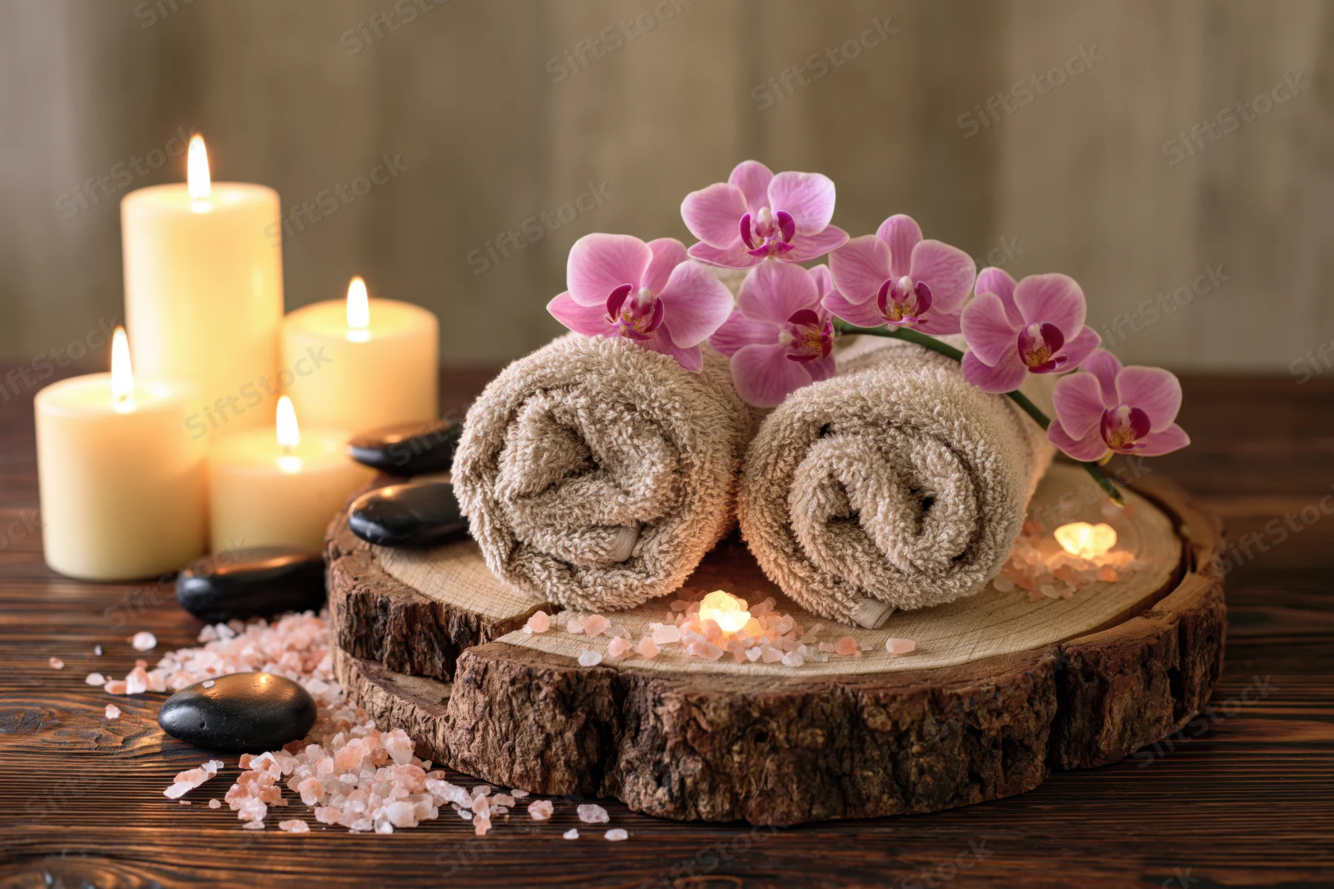 Rolled towels and pink orchids on a wooden slice tray with lit candles and salt crystals