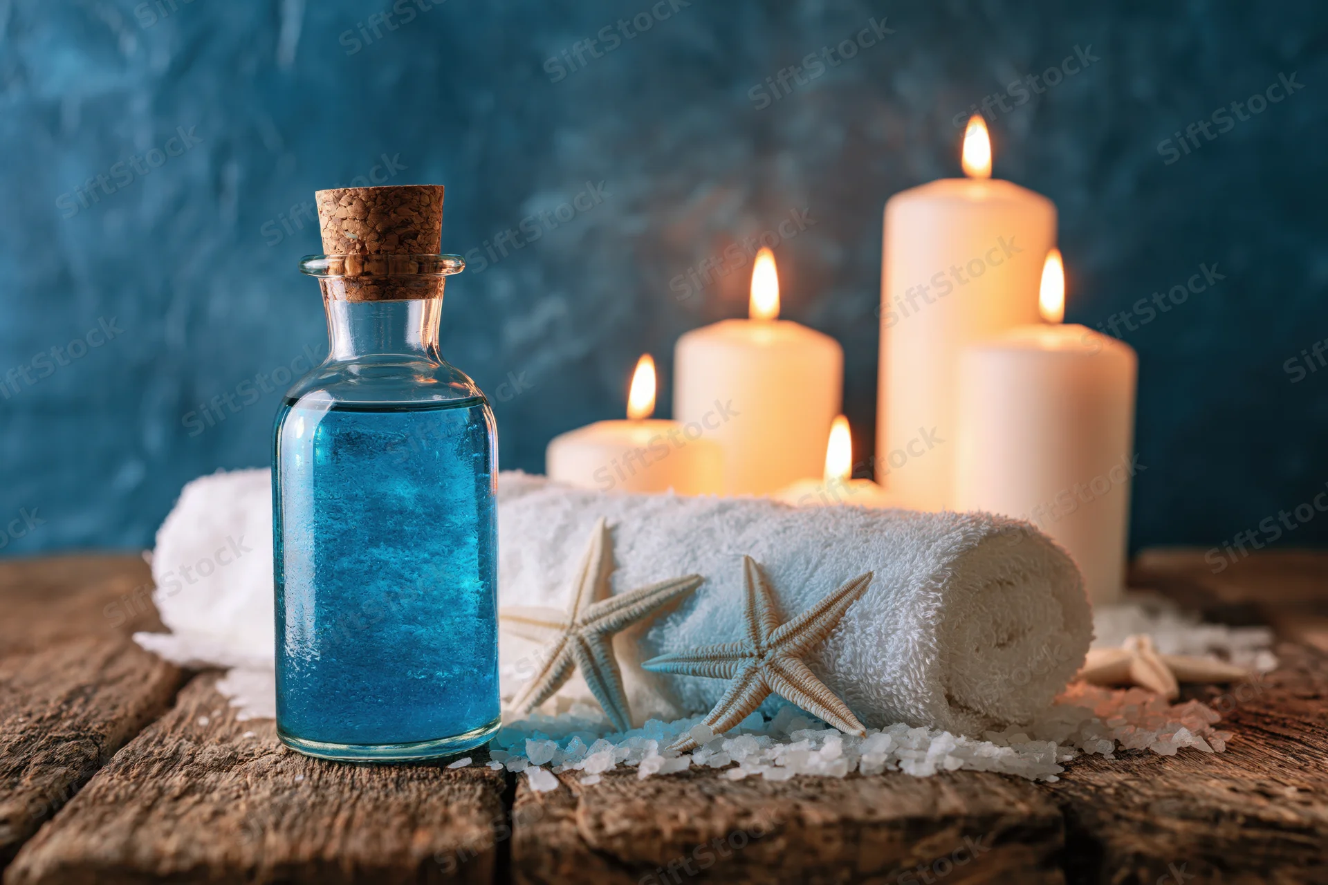 Blue essential oil bottle with lit candles, rolled towel and starfish on rustic wood surface