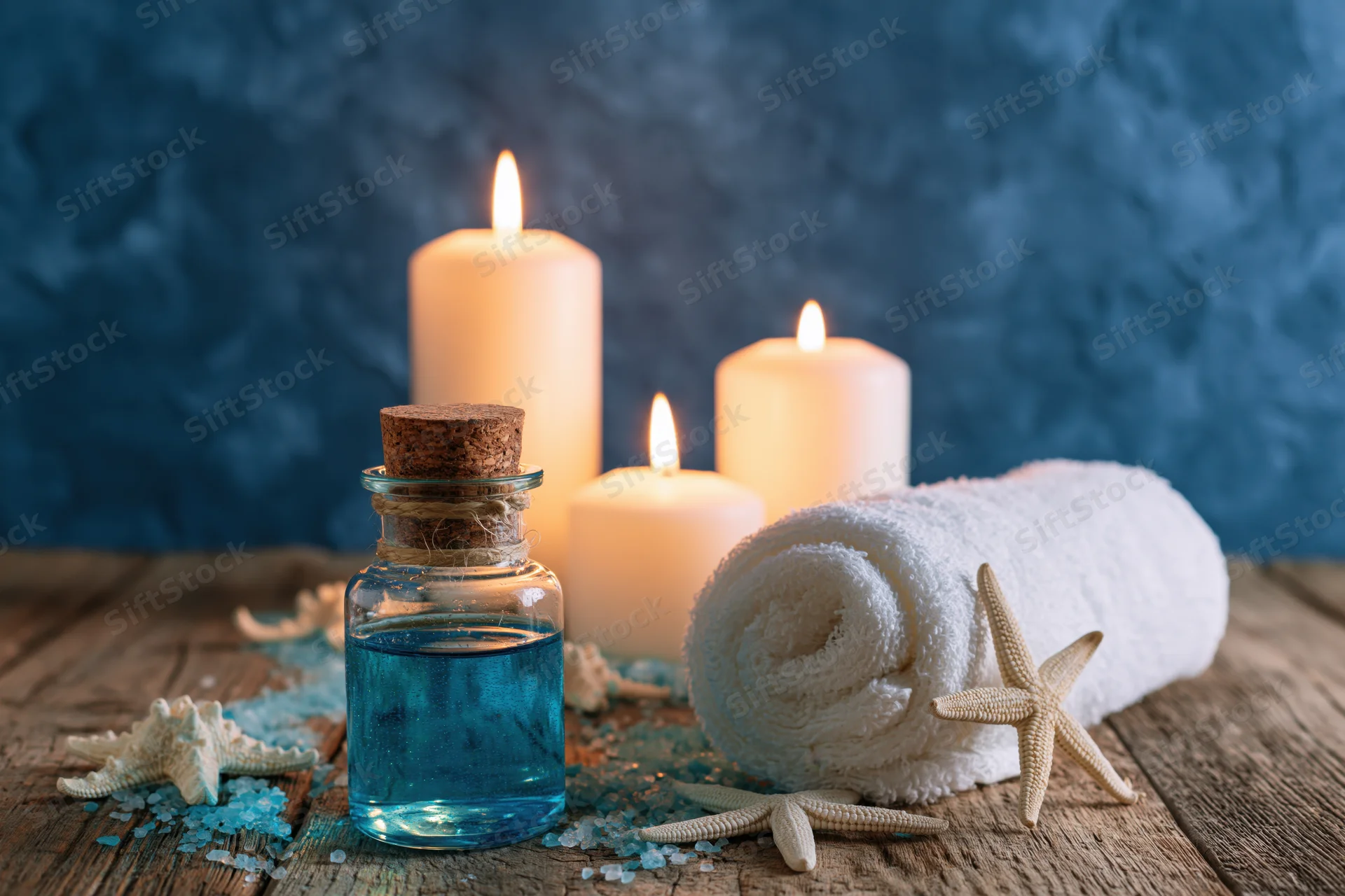 Spa still life with lit candles, rolled towel, starfish, and blue essential oil bottle on rustic wooden surface