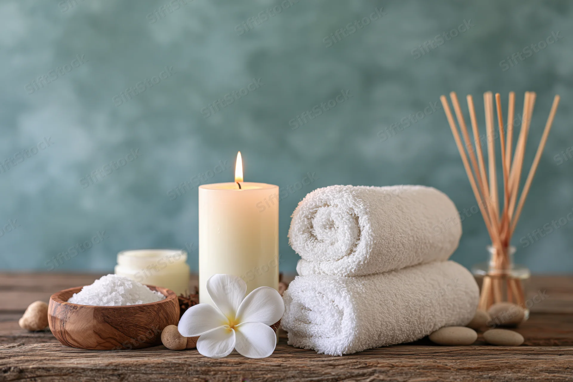 Spa still life with lit candle, rolled towels, salt, flower and diffuser on rustic wooden table
