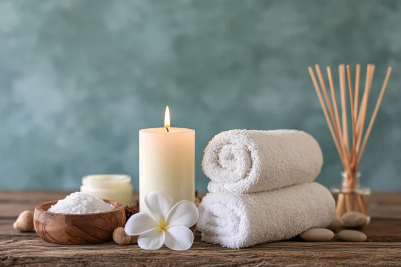 Spa still life with lit candle, rolled towels, salt, flower and diffuser on rustic wooden table