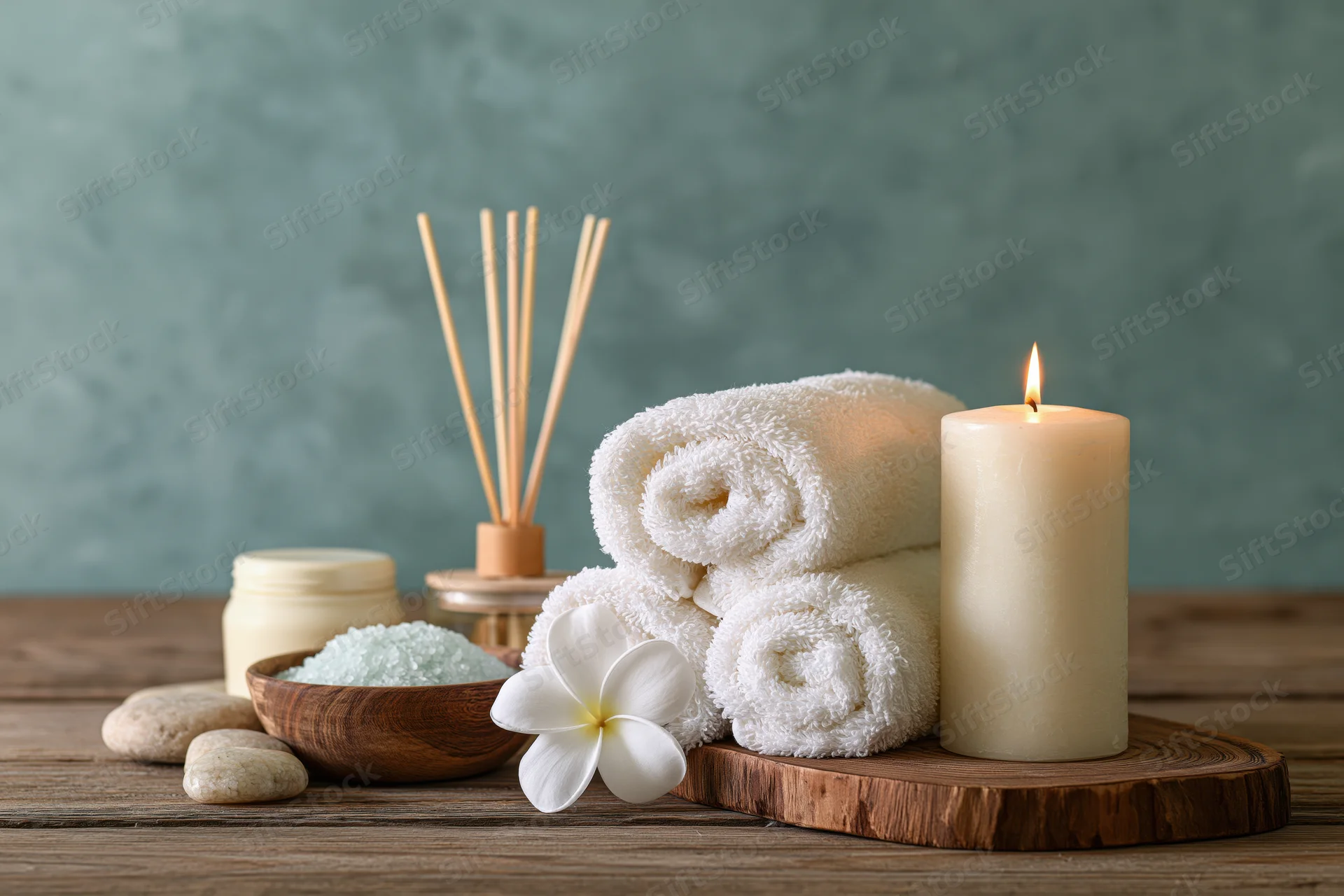 Rolled white towels and lit candle on wooden table with spa products and frangipani flower