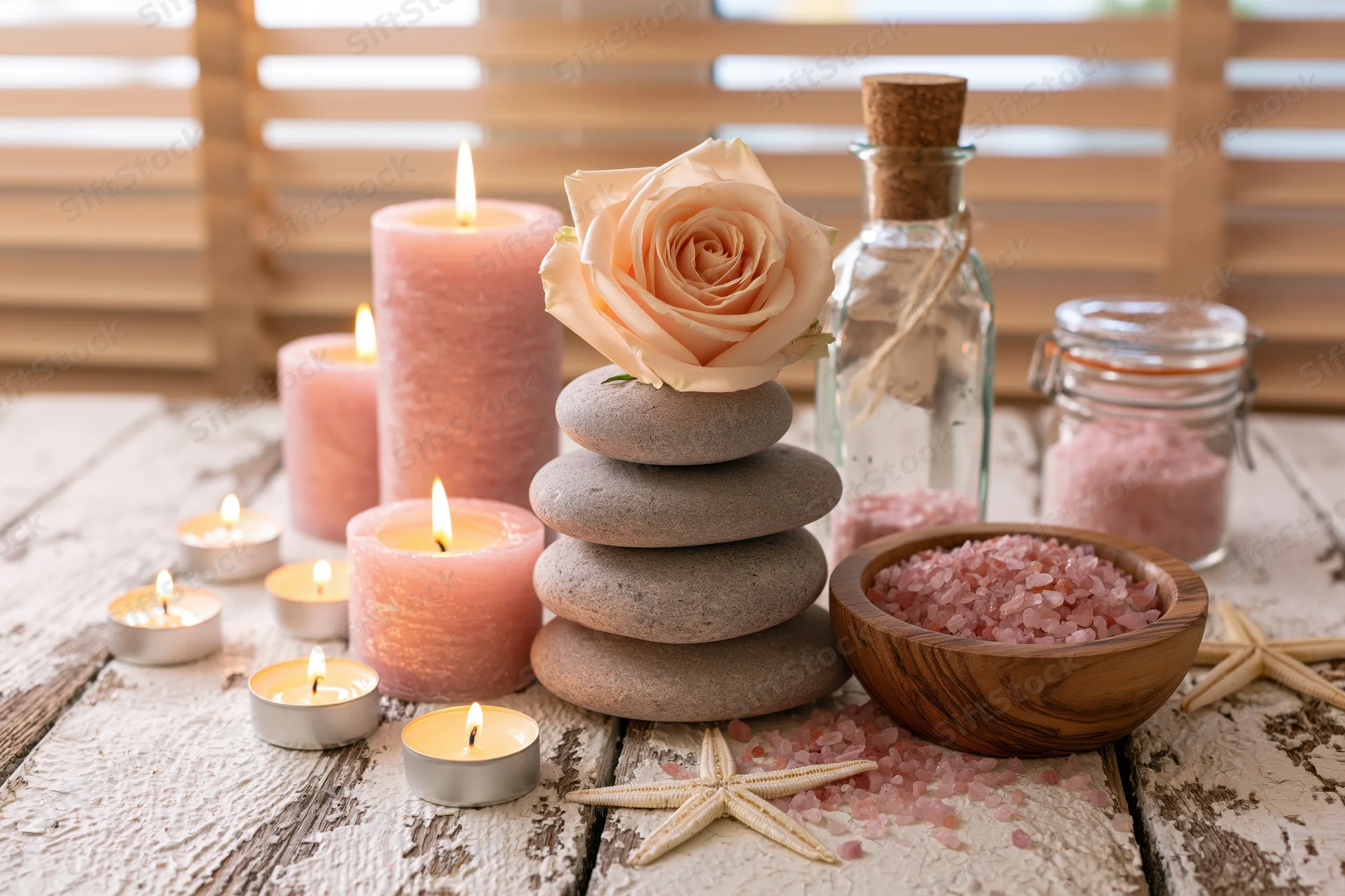 Spa still life with candles, rose, stacked stones, pink salt, and starfish on a weathered white wooden table