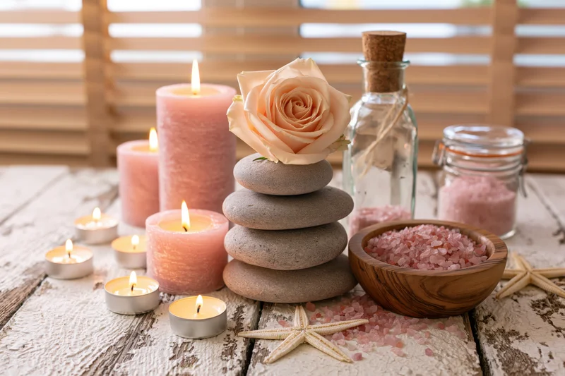Spa still life with candles, rose, stacked stones, pink salt, and starfish on a weathered white wooden table