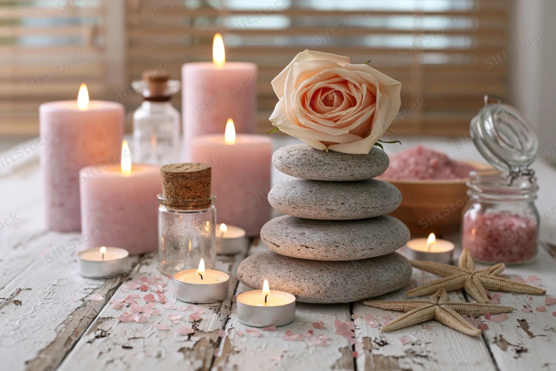 Spa still life with lit candles, stacked stones, rose, and starfish on weathered white wood