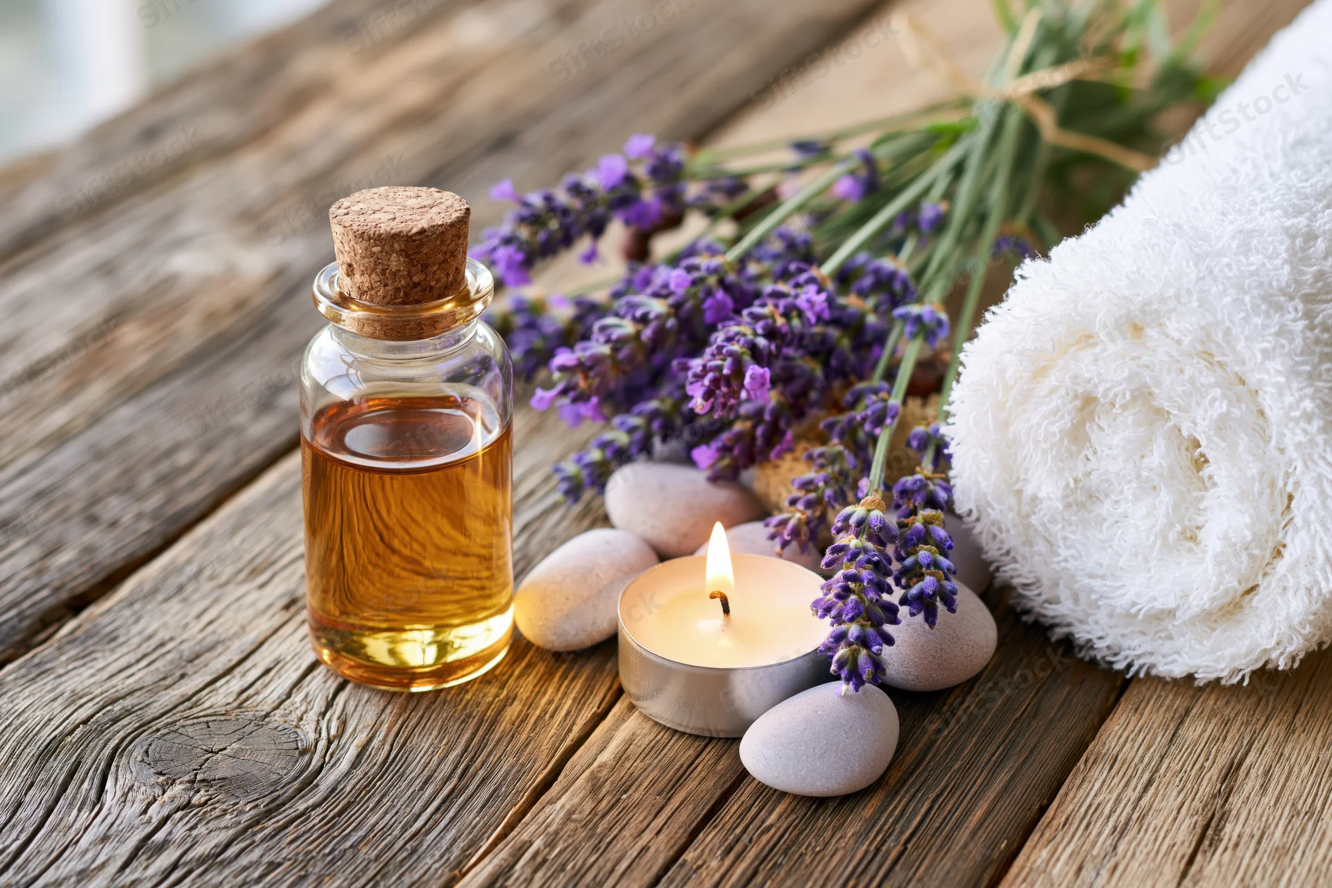 Lavender bundle, essential oil bottle, lit candle and smooth stones arranged with a rolled white towel on a weathered wooden plank surface