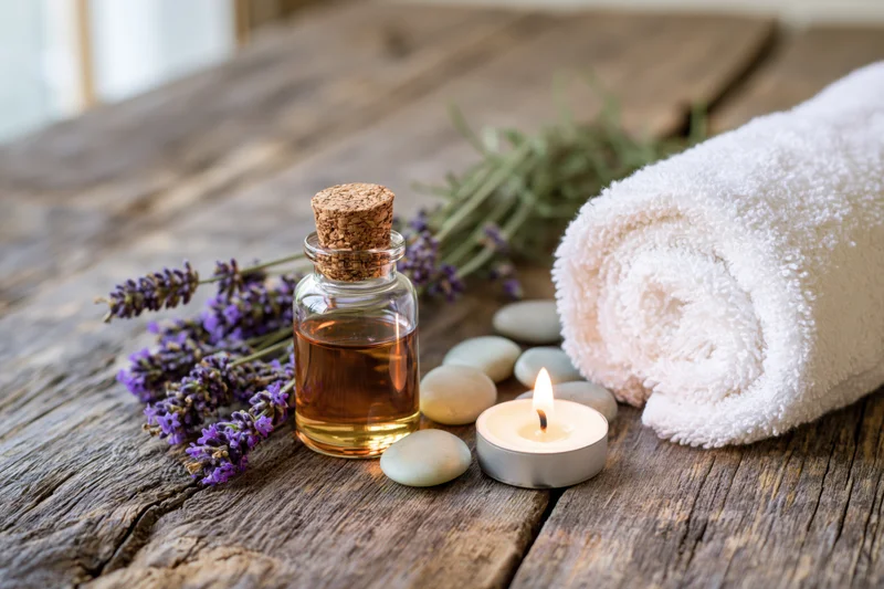 Lavender flowers, essential oil bottle, lit candle, smooth stones and rolled towel arranged on weathered wooden surface