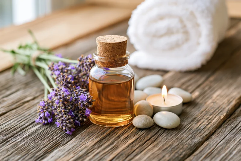 Lavender flowers and essential oil bottle with candle and stones on wooden surface