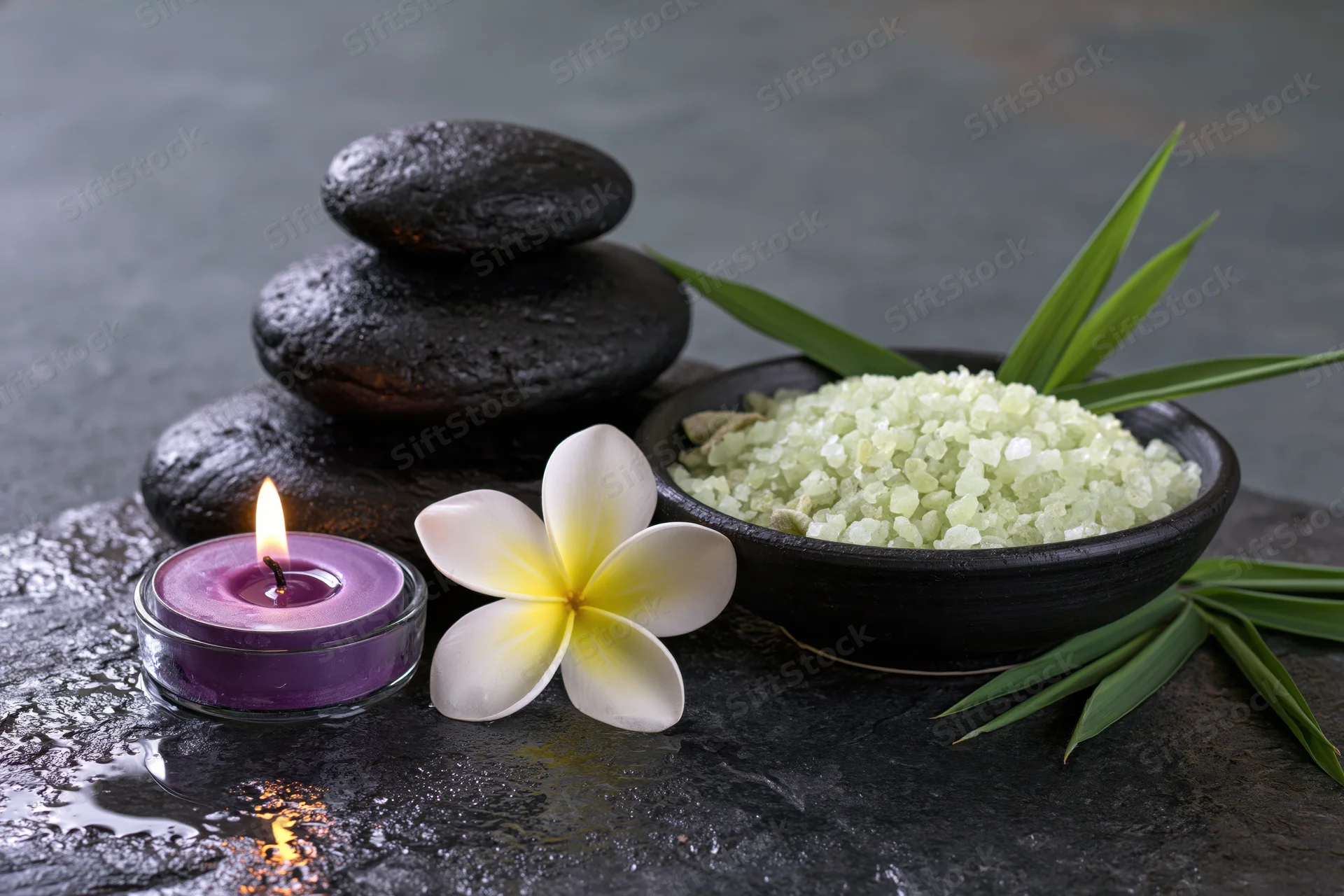 Spa still life with stacked basalt stones, lit purple candle, frangipani flower, bowl of bath salt, and bamboo leaves on wet dark slate surface