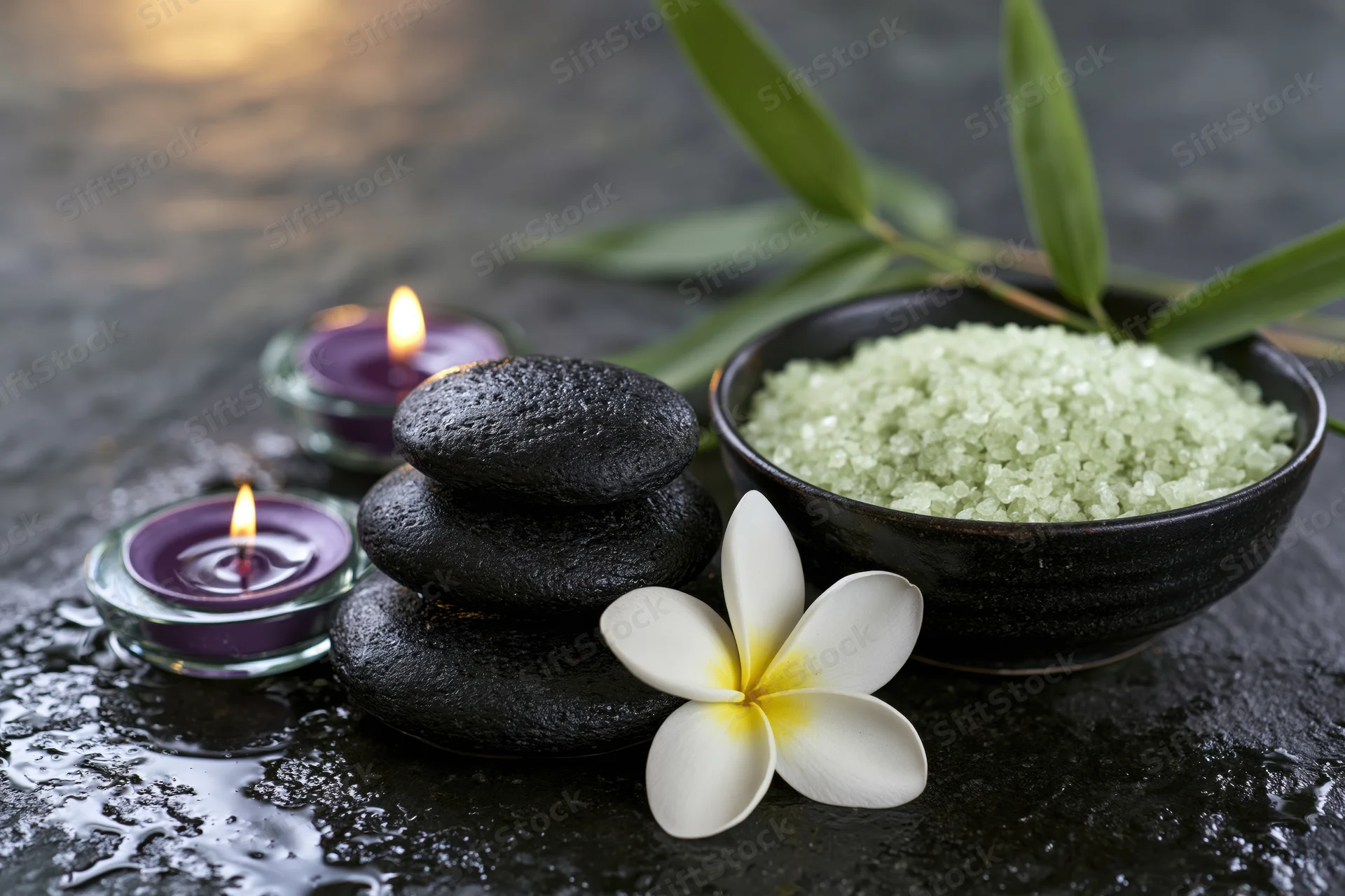 Spa still life with stacked stones, lit candles, salt bowl, frangipani flower and bamboo leaves on wet dark slate surface
