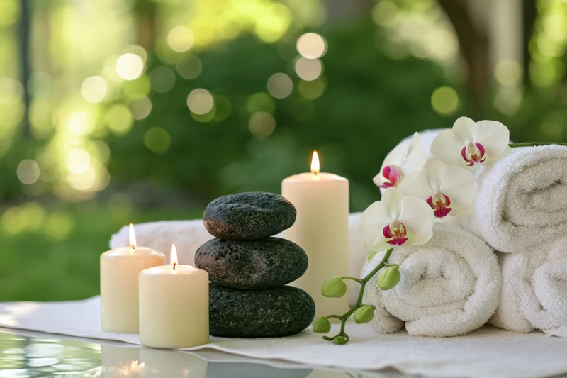 Spa still life with lit candles, stacked stones, white towels and orchid on a white surface outdoors