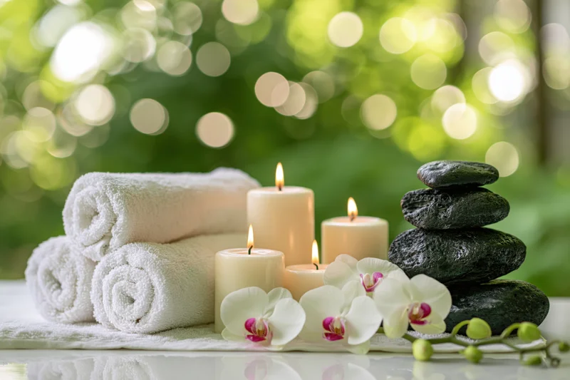 Rolled white towels, lit candles, orchid flowers and stacked stones arranged on a white surface with green bokeh background