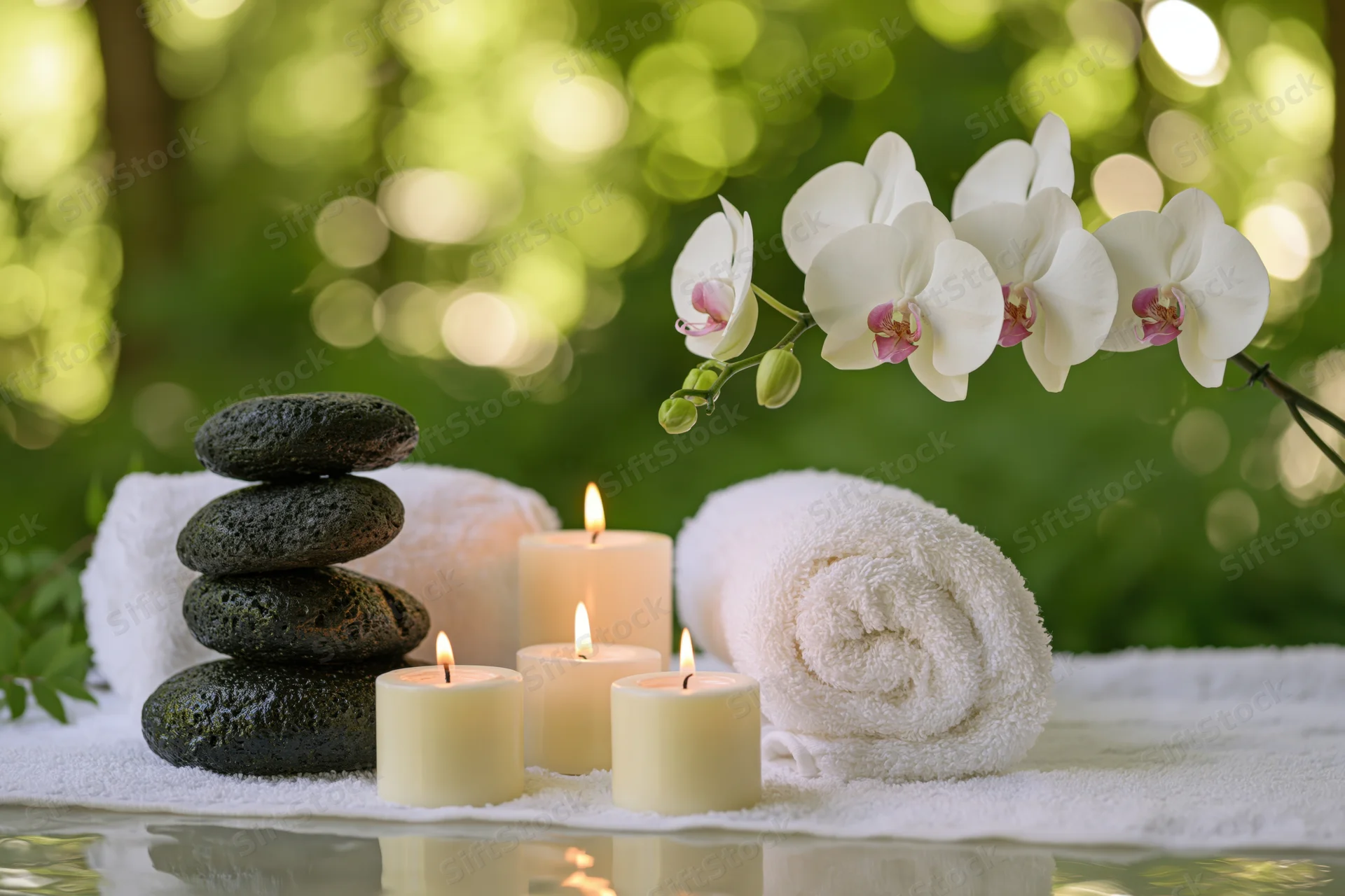 Spa still life with stacked stones, lit candles, white towel and orchid on reflective surface outdoors