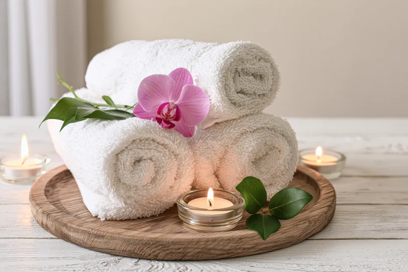 Rolled white towels with pink orchid and lit candles arranged on wooden tray on white wooden surface