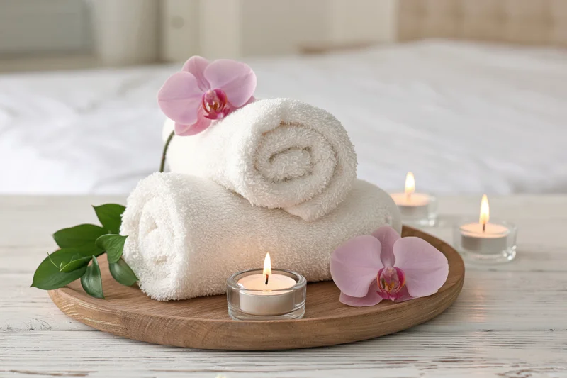 Rolled white towels with pink orchids and lit candles on a wooden tray beside a bed