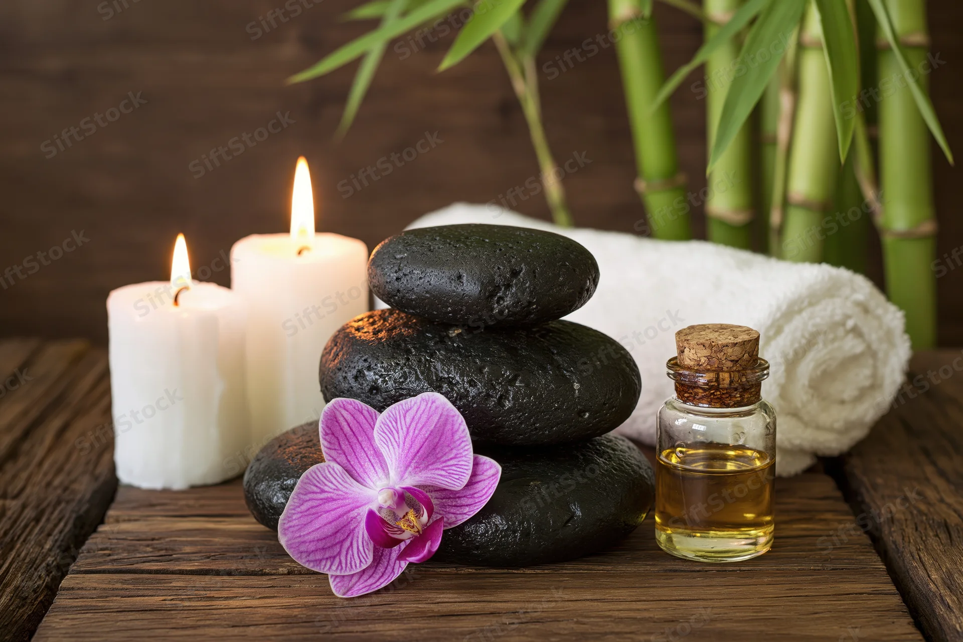 Stacked black stones with lit candles, orchid, oil bottle and towel on wooden surface