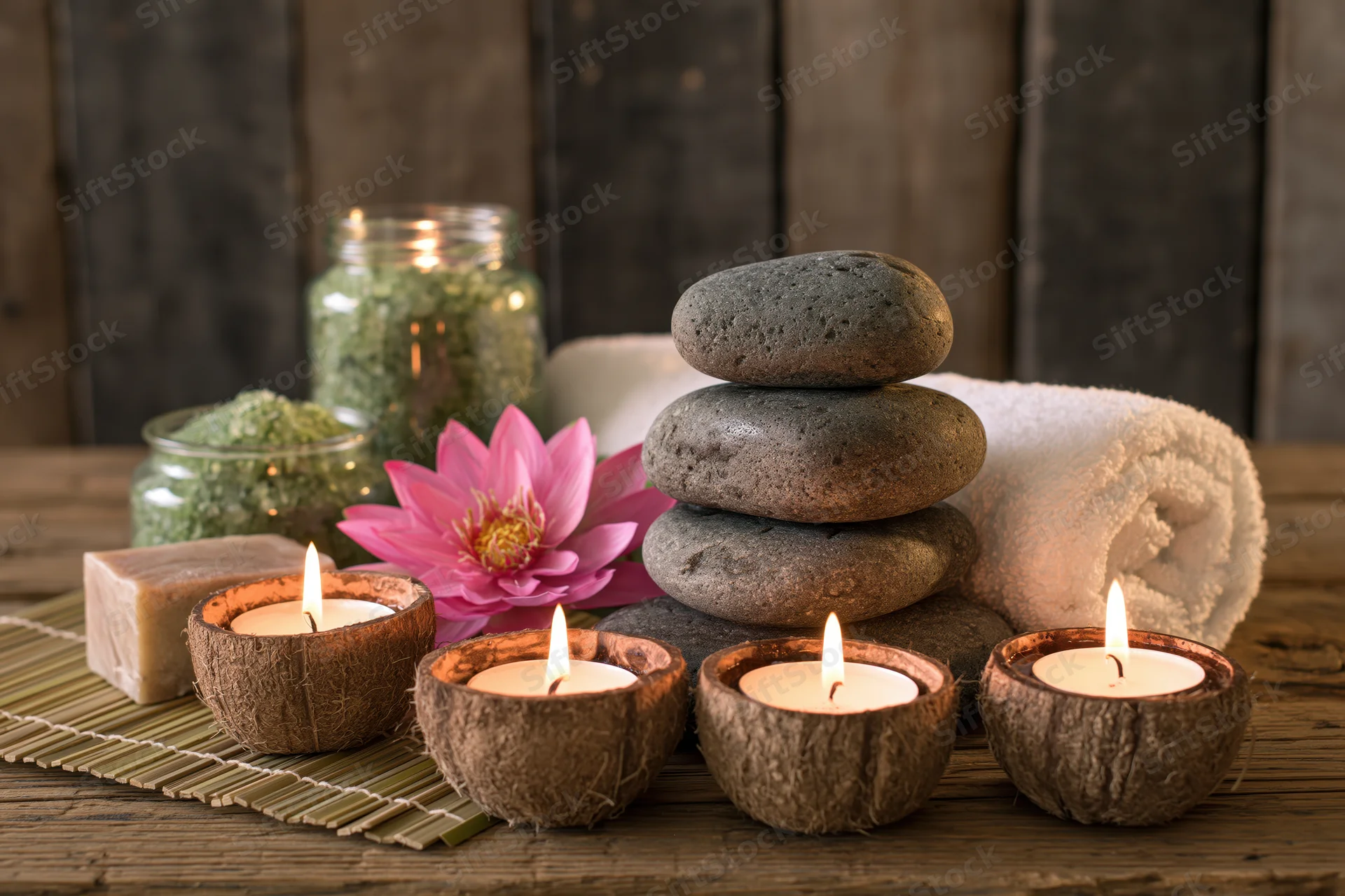 Spa still life with lit coconut candles, stacked stones, towel, lotus flower and herbs on wooden surface