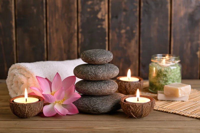 Spa still life with stacked stones, lit candles, lotus flower, towel and soap on wooden surface