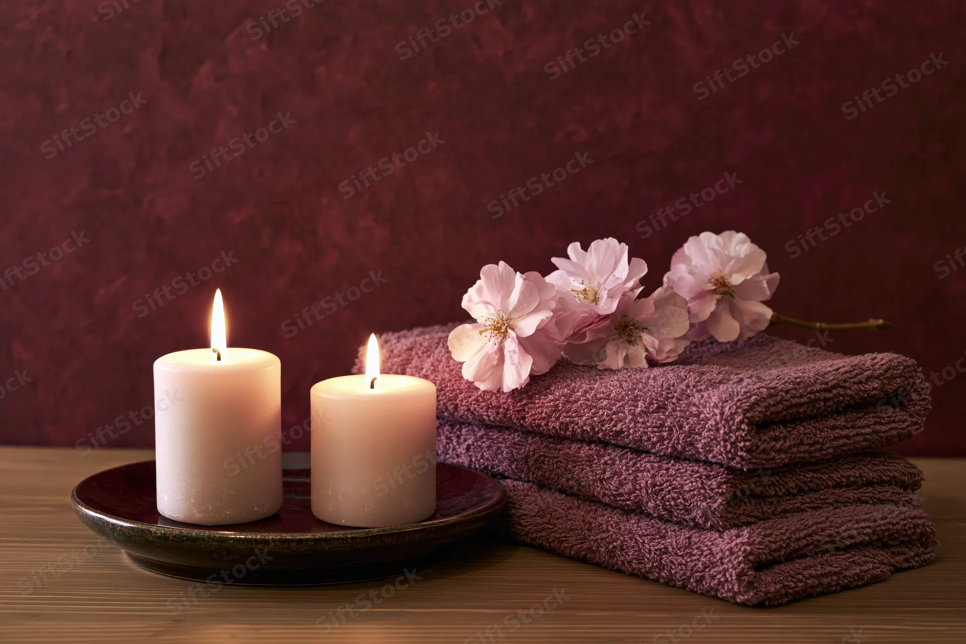 Two lit candles on a plate beside folded towels and cherry blossoms on a wooden surface