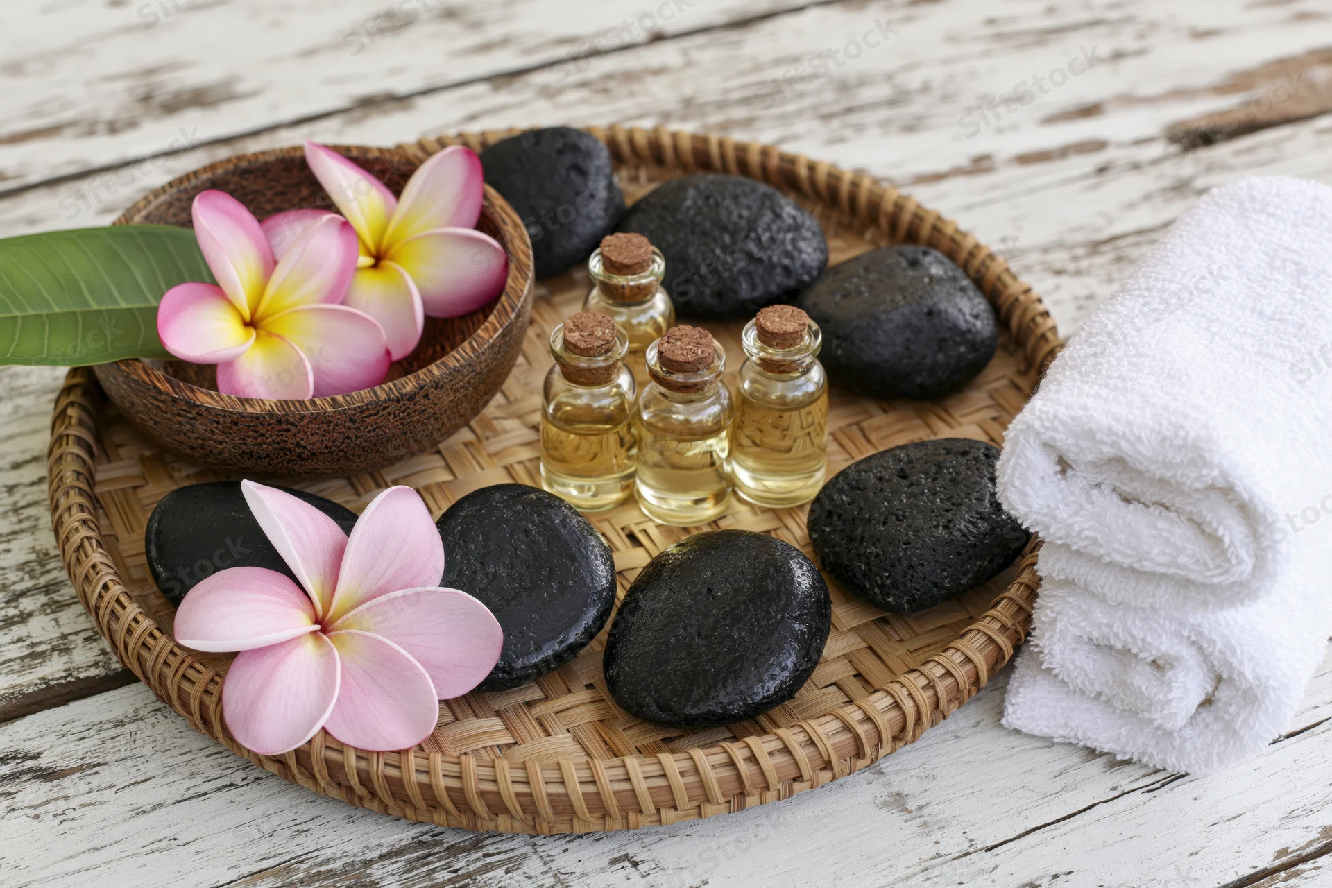 Spa still life with essential oils, black stones, plumeria flowers and towel on woven bamboo tray
